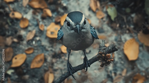 Bird perched on a branch surrounded by autumn leaves in a natural setting. Generative AI