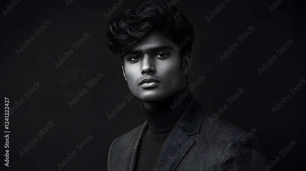 Portrait photograph of an attractive young Indian man, in black and white
Portrait photograph of an attractive young Indian man, in black and white