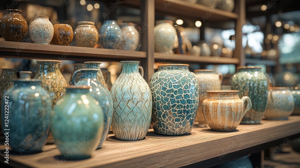 Fototapeta premium Beautifully crafted ceramic pottery displayed on shelves in an artisan studio gallery. Generative AI