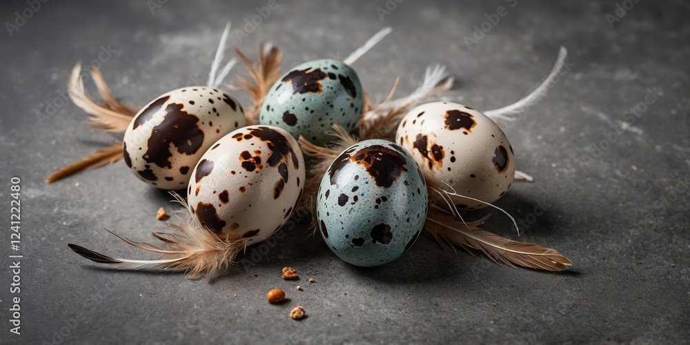 Obraz premium Quail eggs arranged on a textured surface with feathers nearby, showcasing their speckled patterns and colors in an artistic way