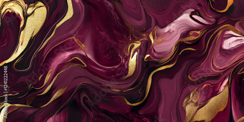 Abstract fluid art in shades of deep burgundy and gold, flowing metallic accents, luxurious modern design, premium aesthetic texture