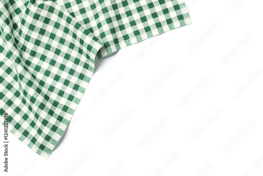 Green checkered tablecloth isolated on white, top view Green checkered tablecloth isolated on white, top view