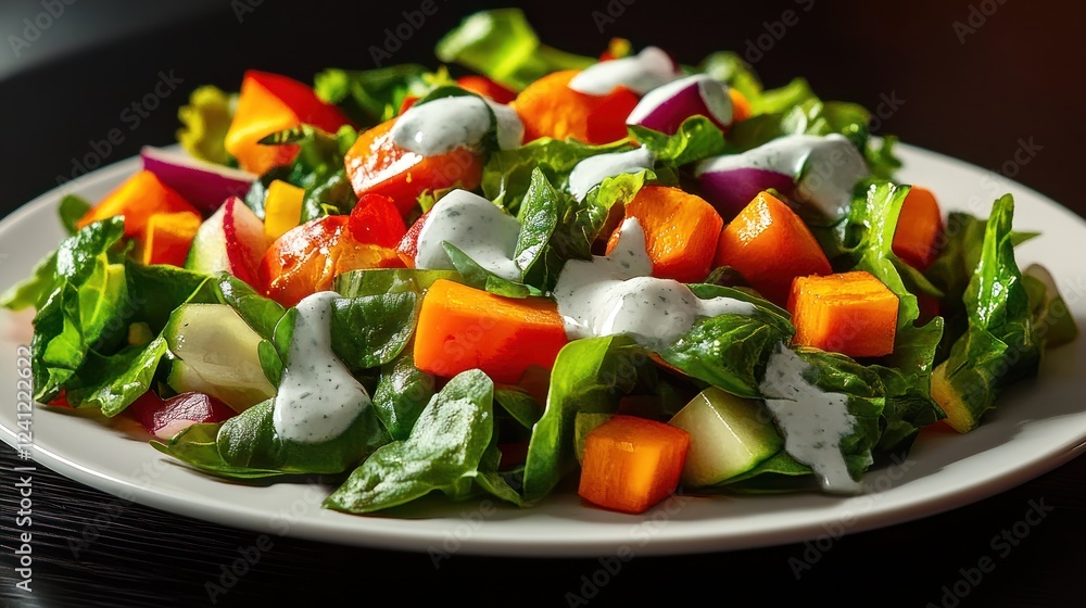 Fresh green salad with colorful vegetables and creamy dressing on a white plate served in a restaurant. Generative AI Fresh green salad with colorful vegetables and creamy dressing on a white plate served in a restaurant. Generative AI