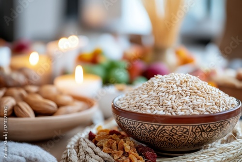 A visually stunning spread featuring a variety of nuts, dried fruits, and decorative elements, creating a warm and inviting atmosphere for gatherings and feasting. photo