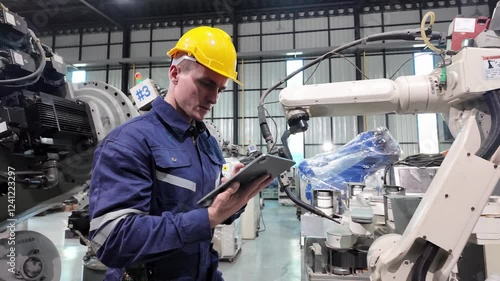Factory Inspection: A diligent technician wearing a yellow hard hat and blue overalls meticulously inspects automated machinery in a modern factory setting, tablet in hand for data recording.