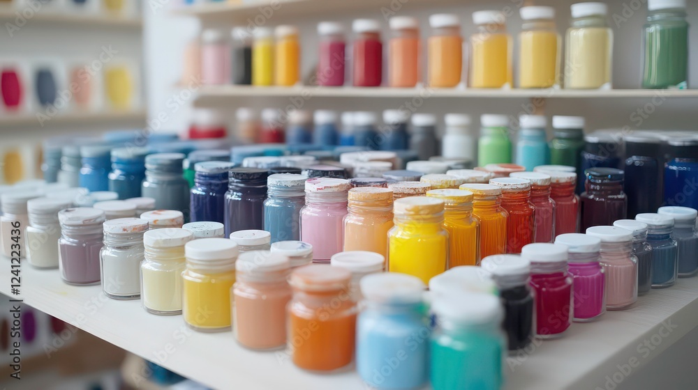 A vibrant arrangement of paint jars with various colors and swatches, showcasing artistic creativity. A vibrant arrangement of paint jars with various colors and swatches, showcasing artistic creativity.