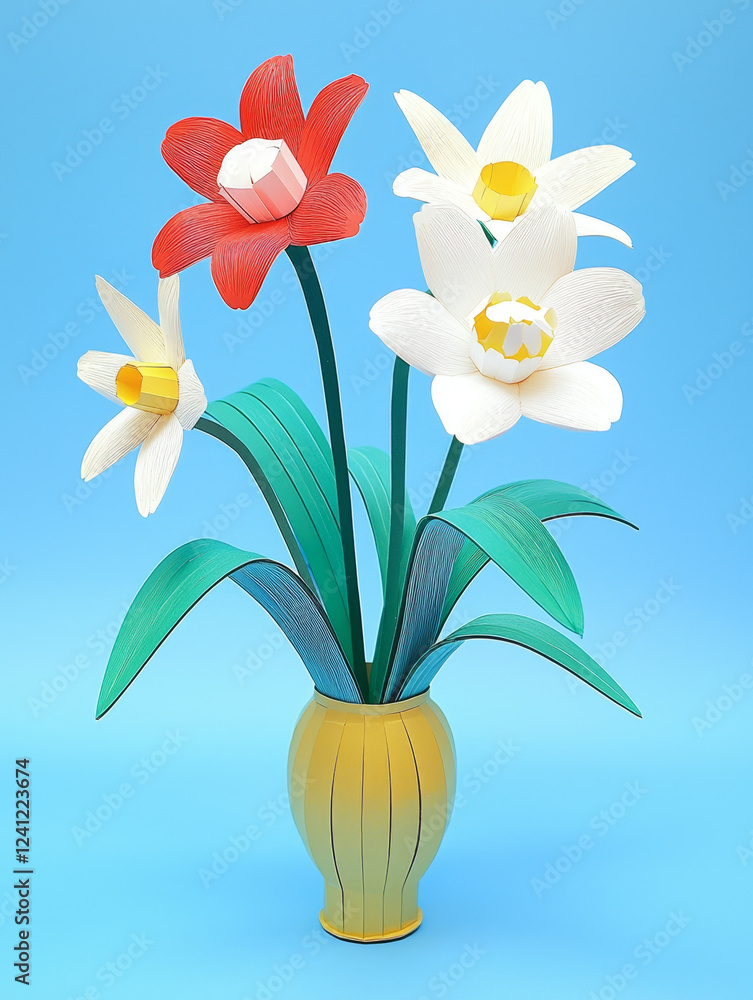 Fototapeta premium Paper Flower Arrangement in Yellow Vase.