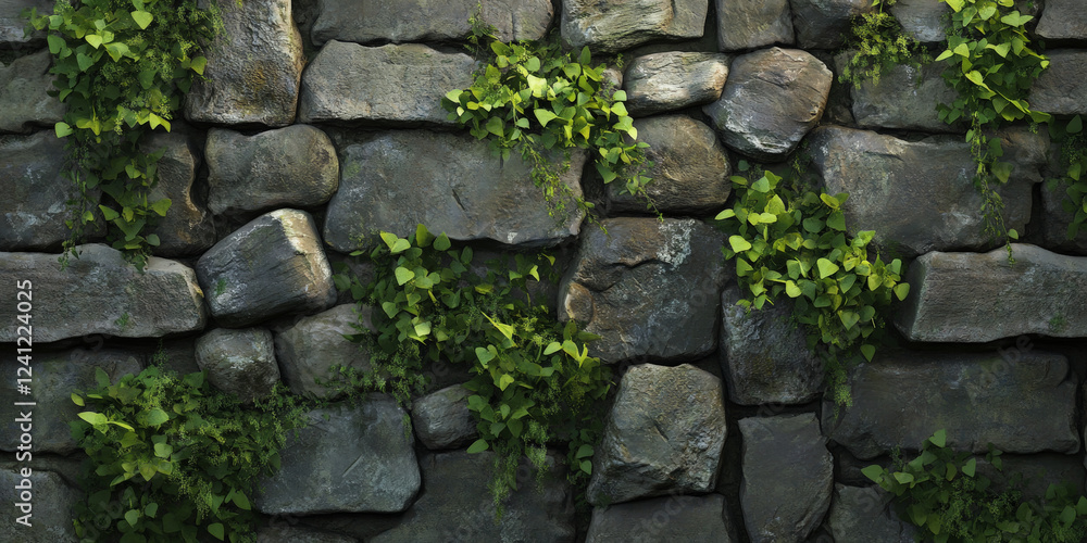 Rustic farm stone wall background with stacked, irregularly shaped rocks and moss details. Rustic farm stone wall background with stacked, irregularly shaped rocks and moss details.
