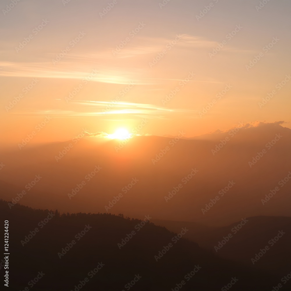 A serene and majestic sunrise unfolds over a range of misty mountains A serene and majestic sunrise unfolds over a range of misty mountains