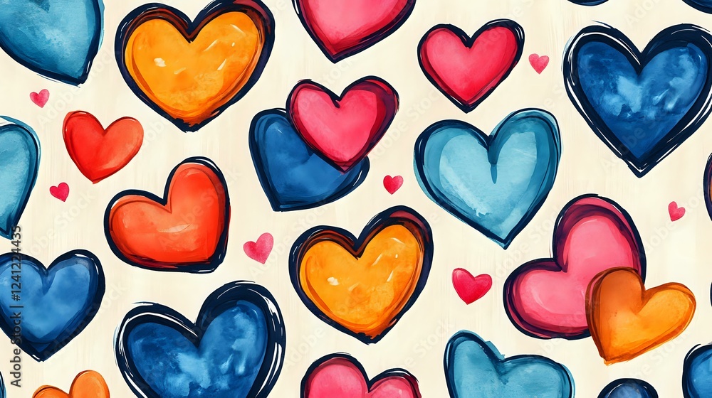 Obraz premium Colorful hearts pattern in watercolor style with blue, orange, pink and red love symbols on light background. Romantic seamless design for Valentine's Day cards.