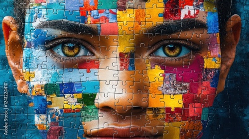 Artwork featuring a face composed of colorful puzzle pieces showcasing diversity and unity in art. Generative AI