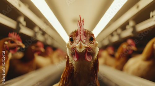 A striking close-up of a hen struggling on a moving conveyor belt, its eyes wide with confusion. In the background, rows of identical birds are funneled through mechanical sorting photo