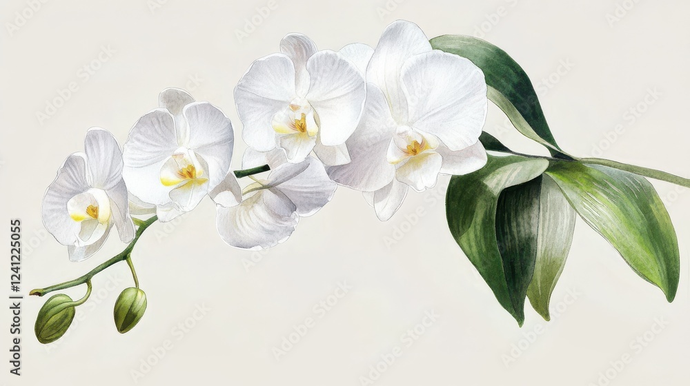 Obraz premium Watercolor painting of a white orchid branch with green leaves