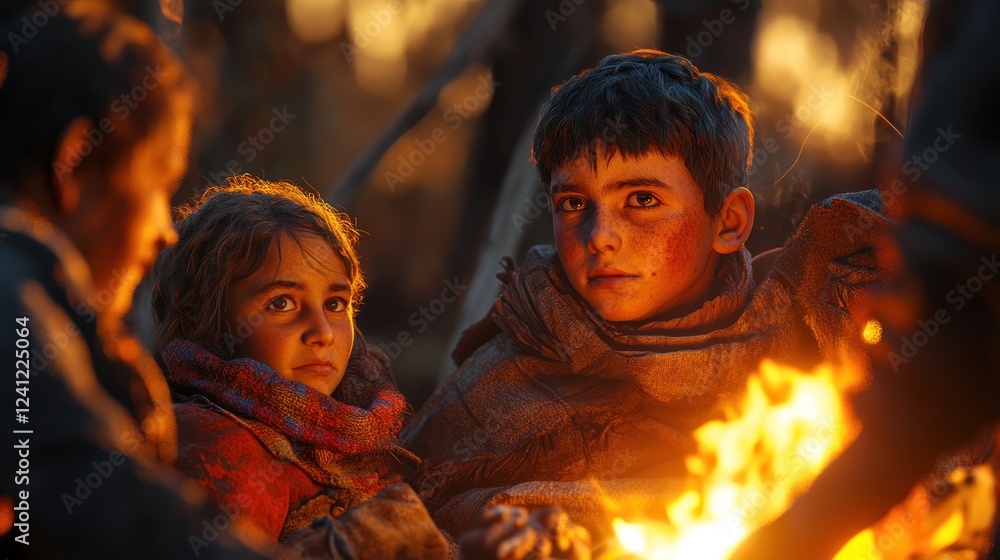 Children gather around a fire in a forest at sunset expressing warmth and curiosity in their faces. Generative AI Children gather around a fire in a forest at sunset expressing warmth and curiosity in their faces. Generative AI