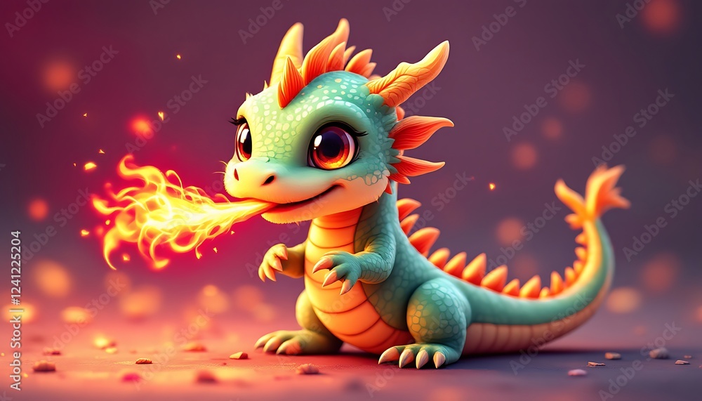 Fototapeta premium Adorable Baby Dragon Breathing Fire Cute Fantasy Art