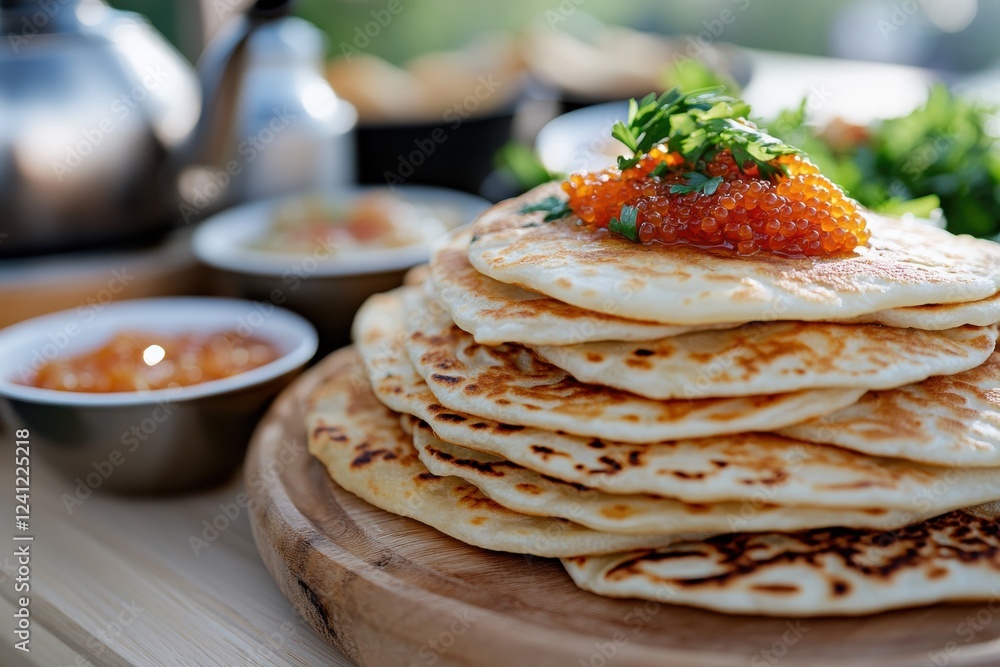 A beautifully arranged stack of pancakes topped with caviar and fresh herbs, showcasing a delightful culinary presentation perfect for gourmet dining experiences. A beautifully arranged stack of pancakes topped with caviar and fresh herbs, showcasing a delightful culinary presentation perfect for gourmet dining experiences.