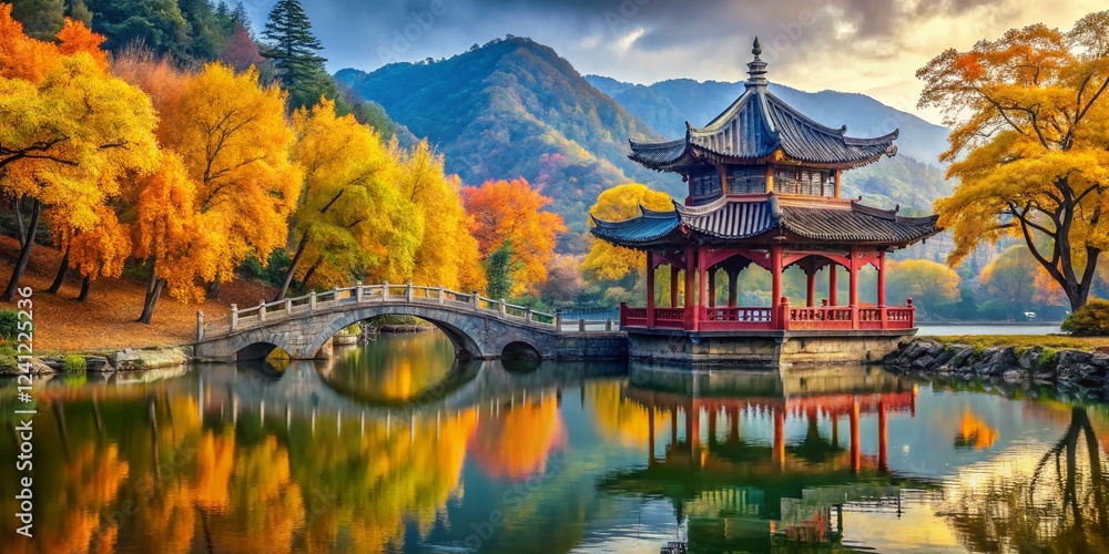 Tranquil Chinese Lake: Maple, Ginkgo, Pagoda & Bridge Reflection - Autumn Landscape Stock Photo Tranquil Chinese Lake: Maple, Ginkgo, Pagoda & Bridge Reflection - Autumn Landscape Stock Photo