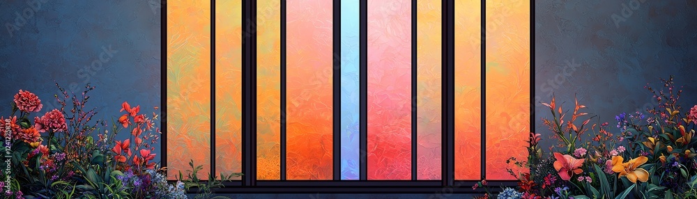 Fototapeta premium Colorful stained glass with vibrant flower border.