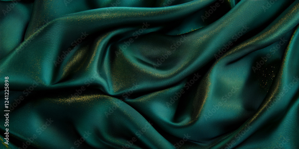 Obraz premium Deep emerald green silk fabric with soft folds, golden sparkles, and a refined glossy sheen, creating a sense of elegance and exclusivity
