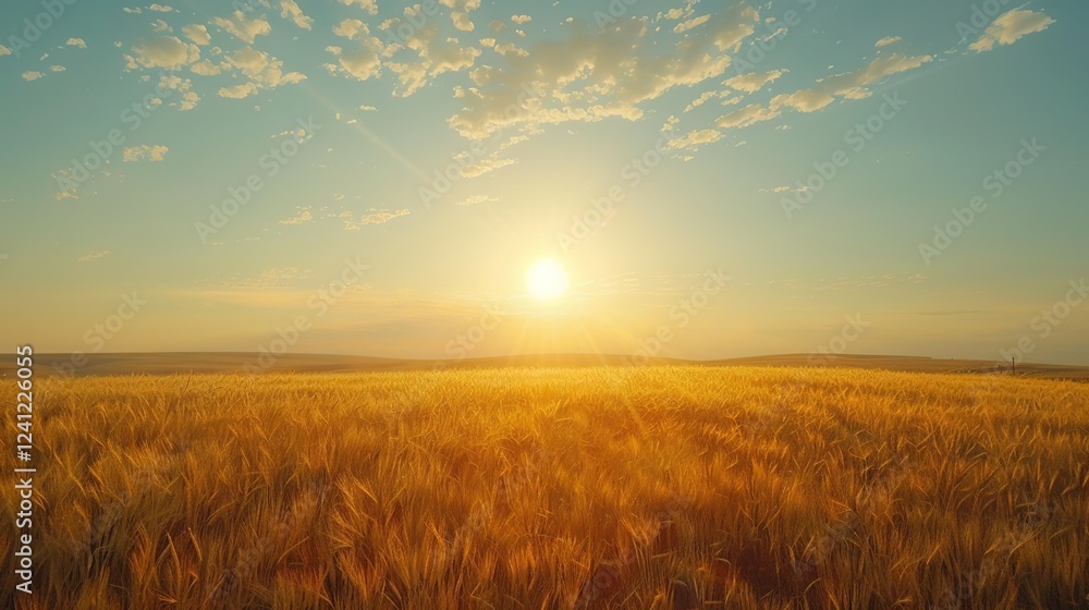 Fototapeta premium Sun - Drenched Splendor: Unraveling the Allure of a Golden Wheat Field's Enchanting Landscape