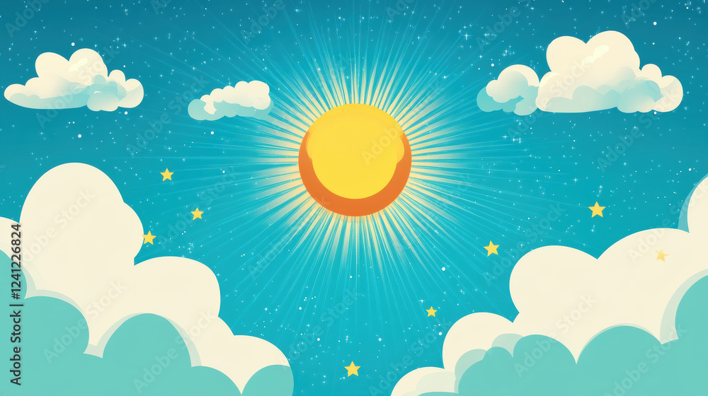 Bright sun with rays shining through clouds and stars in sky Bright sun with rays shining through clouds and stars in sky