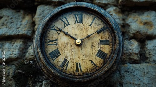 Wallpaper Mural Timeworn clock mounted on a weathered stone wall displaying Roman numerals at dusk. Generative AI Torontodigital.ca