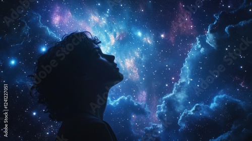Silhouette of a person gazing at a starry sky filled with vibrant colors and cosmic clouds. Generative AI