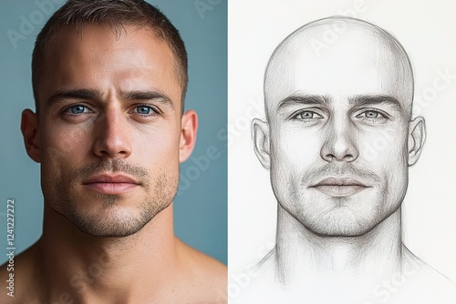 A portrait of a handsome Caucasian male with striking blue eyes, alongside a detailed sketch of his likeness. Creative Contrast, Fusion of Art and Life