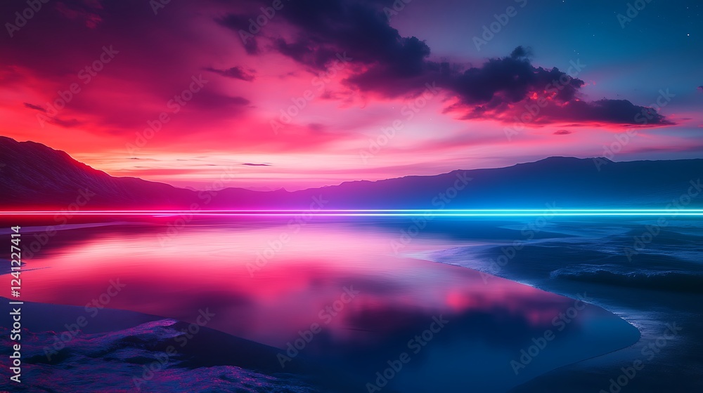 Fototapeta premium Vibrant sunset, lake reflection, mountains