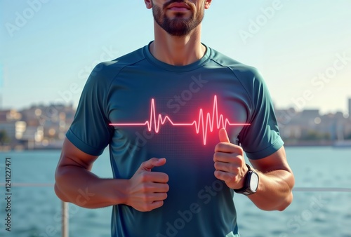 Monitoring heart rate during exercise. Close-up of a man wearing a fitness tracker, with a superimposed heartbeat graphic displayed on his chest.