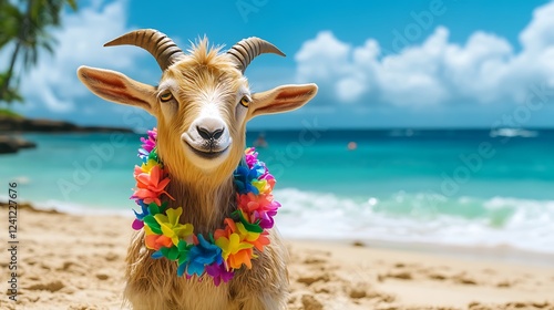 Goat plushie wearing a colorful lei in a beach scene