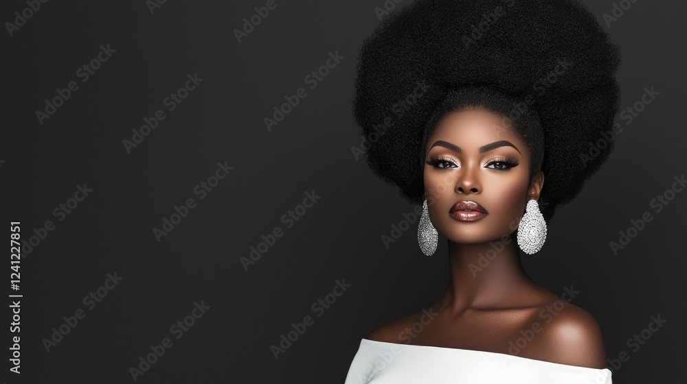 Confident Black woman, elegant hairstyle, dark background, beauty portrait, fashion