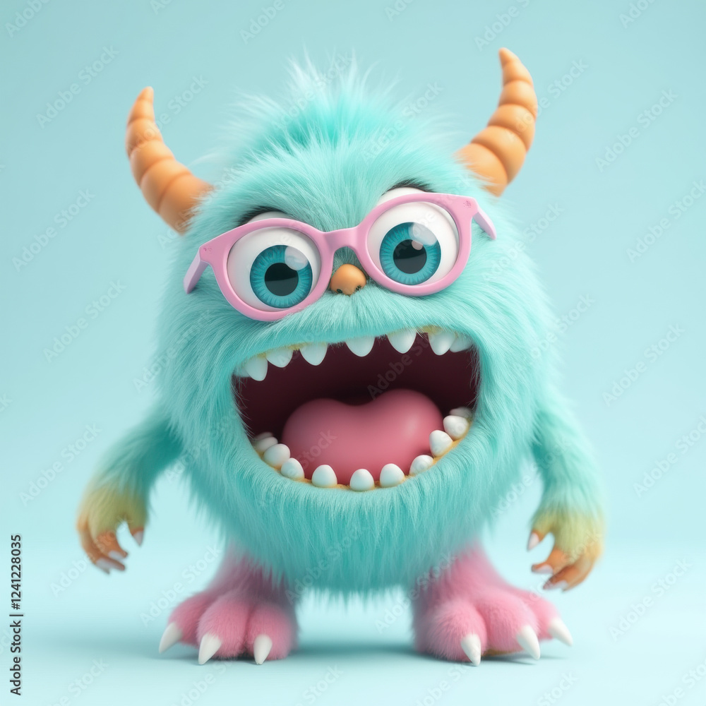 Cute furry monster with glasses, colorful and playful expression Cute furry monster with glasses, colorful and playful expression