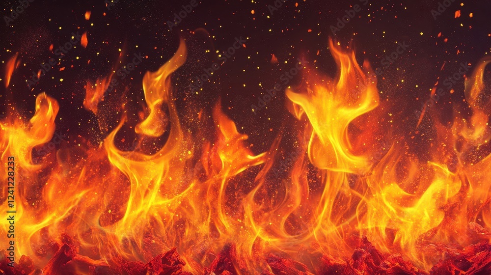 Obraz premium Close-up of bright orange and yellow flames dancing above glowing red embers in a darkened setting.