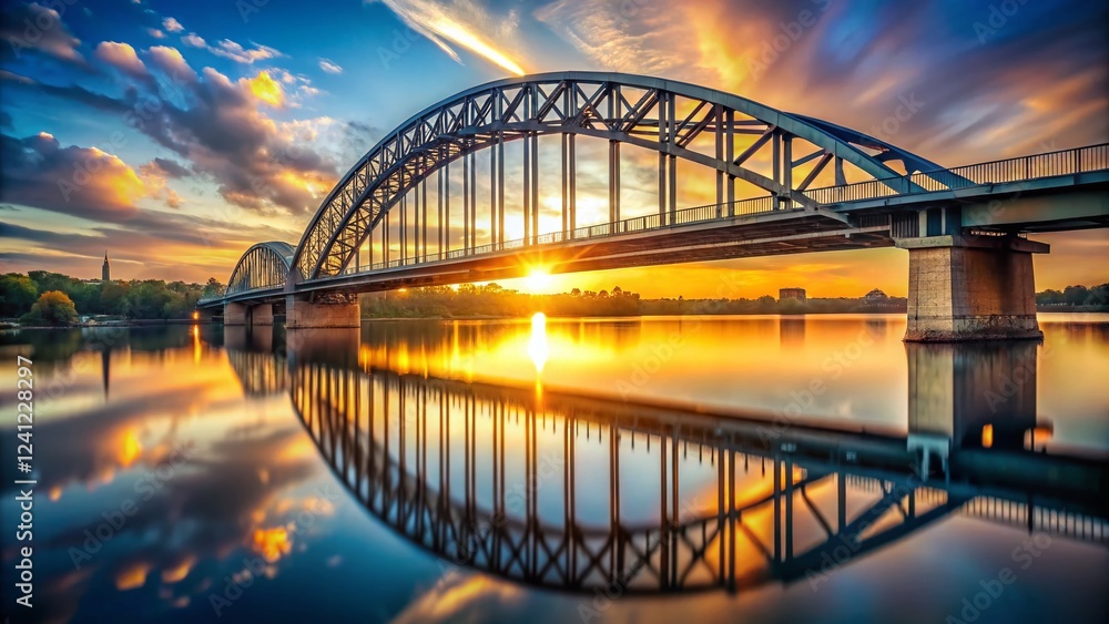 Naklejka premium Steel Bridge Spanning River at Sunset, Bokeh Background