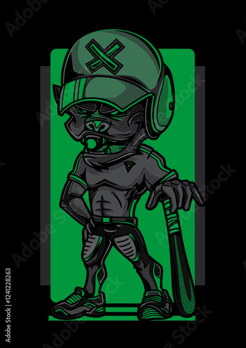 Baseball Mascot: A stylized baseball mascot character, with a determined gaze, poised with a baseball bat, set against a striking green and black backdrop.