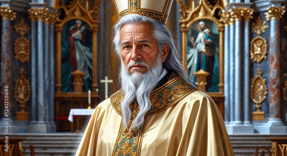 Obraz premium Elaborate gold trimmed bishop robes in cathedral altar hall elderly Hispanic man long flowing white hair background illustration portrait