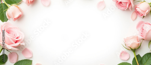 Beautiful pink roses with petals arranged on white background, creating serene and elegant frame