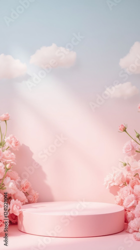 Wallpaper Mural serene pink backdrop with soft clouds and blooming flowers creates tranquil setting. Perfect for photography or displays Torontodigital.ca