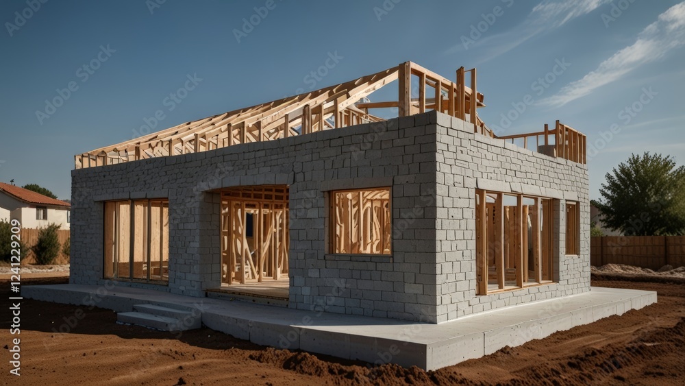 Partially Constructed Stone House with Wooden Roof Framework on a Clear Day at Construction Site Partially Constructed Stone House with Wooden Roof Framework on a Clear Day at Construction Site