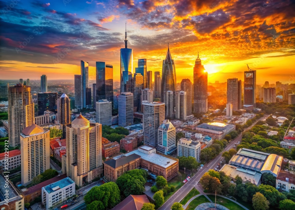 Obraz premium Stunning Aerial Cityscape: Modern Skyscrapers at Golden Hour