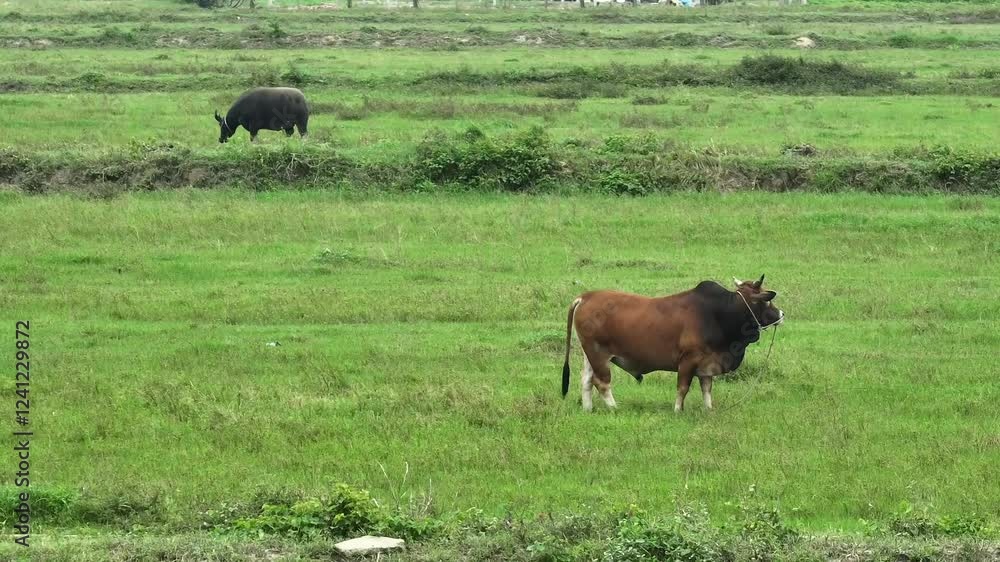 Cattle grazing in lush green fields near a rural area in the early afternoon sun Cattle grazing in lush green fields near a rural area in the early afternoon sun