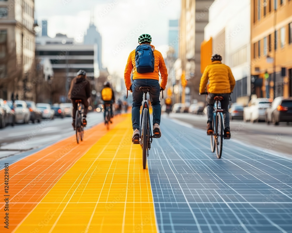Obraz premium Cyclists riding on a vibrant solarpowered bike lane in a sustainable smart city, promoting ecofriendly commuting