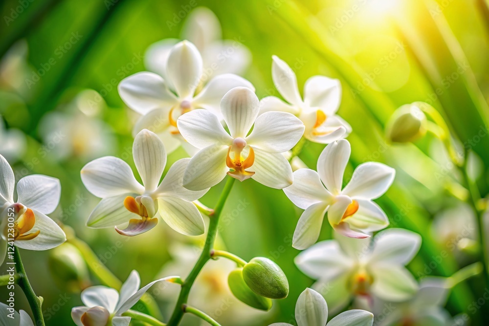 Fototapeta premium Stunning Close-Up of White Pecteilis Radiata Orchid with Green Leaves