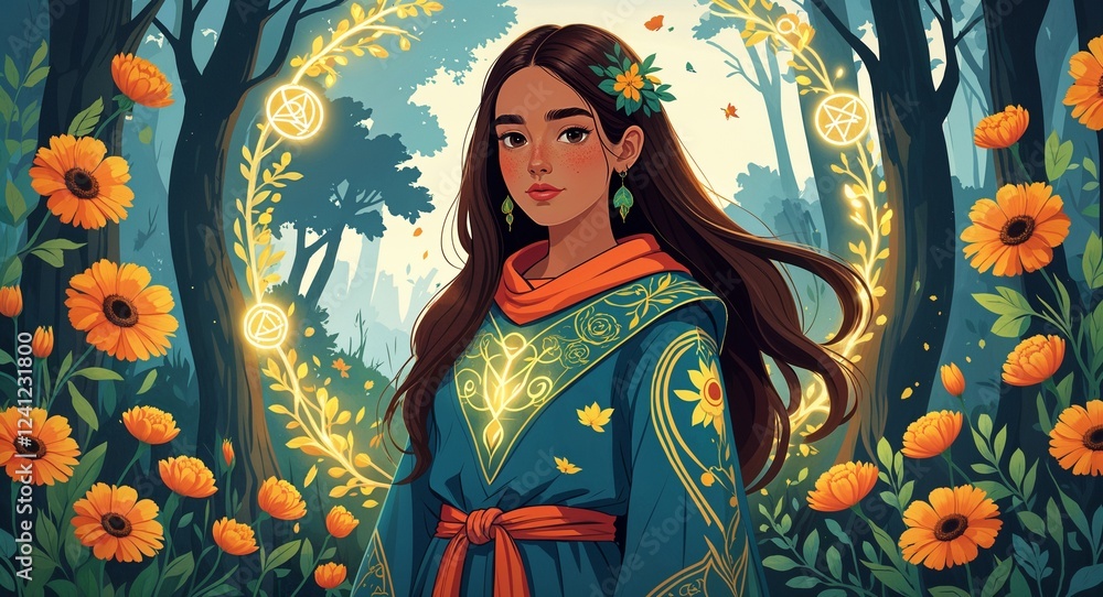 Fototapeta premium Floral druid robes with glowing nature symbols teen Hispanic girl long straight brunette hair background illustration portrait