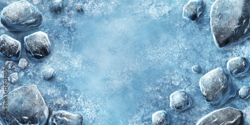 Frozen tundra stone background with ice-covered boulders and frost patterns.