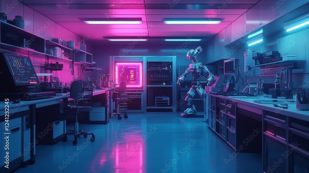 Futuristic laboratory with advanced robot and neon lighting Futuristic laboratory with advanced robot and neon lighting