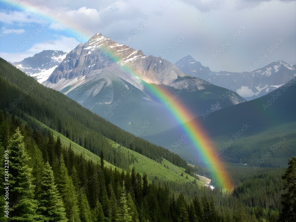 Glittering rainbow over a mountain landscape after the rain – nature at its finest Glittering rainbow over a mountain landscape after the rain – nature at its finest