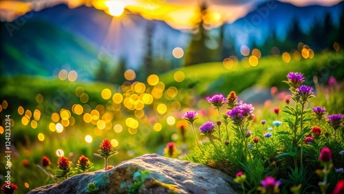 Vibrant Lime Bokeh Landscape: Sunlit Meadow with Blurred Green Background