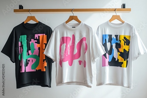 Three stylish graphic t-shirts hanging on wooden hangers, featuring vibrant colors and bold designs, showcasing contemporary fashion trends.